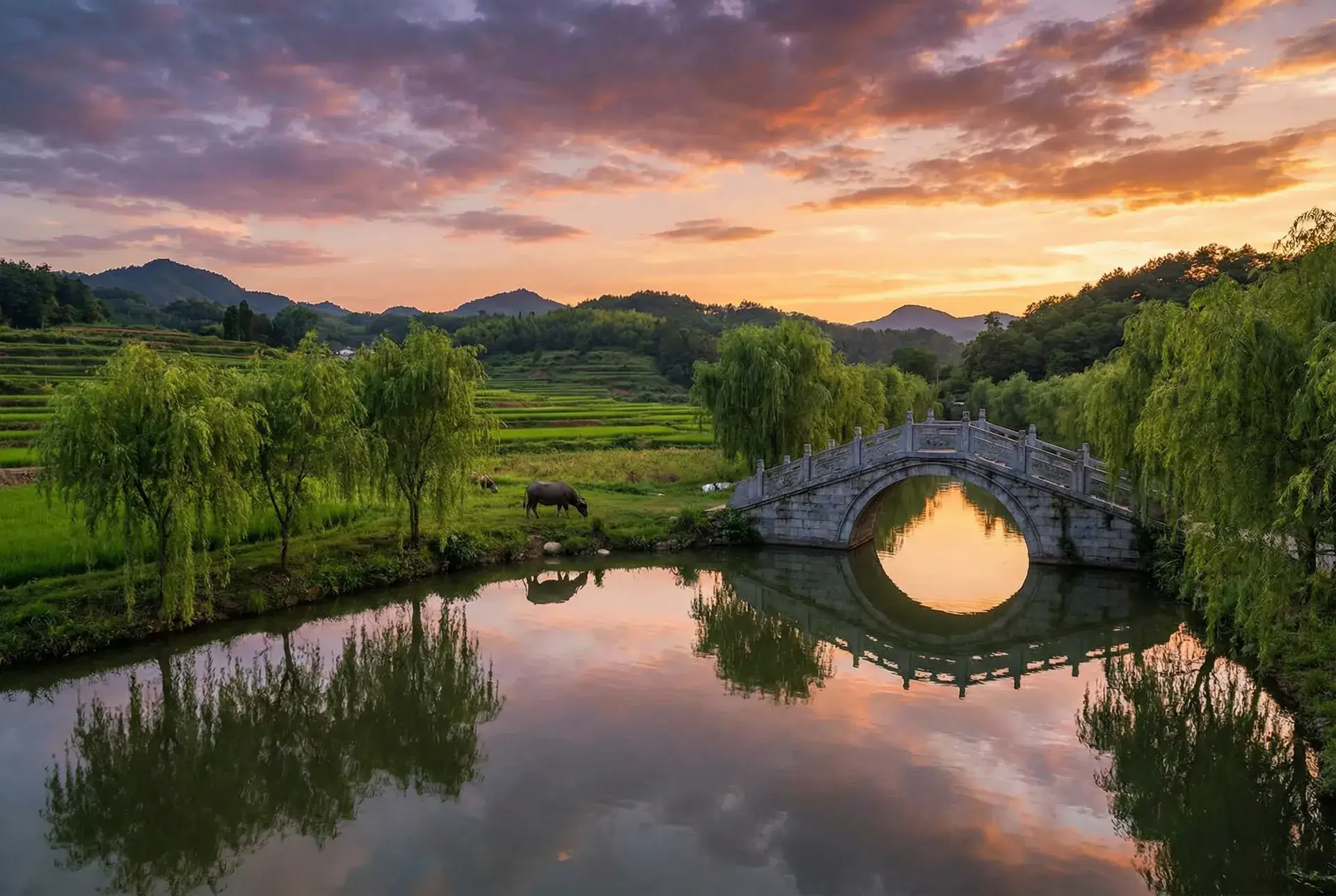 夕阳下的石拱桥与垂柳，水牛在河边吃草 - 门第下载 乡村美景